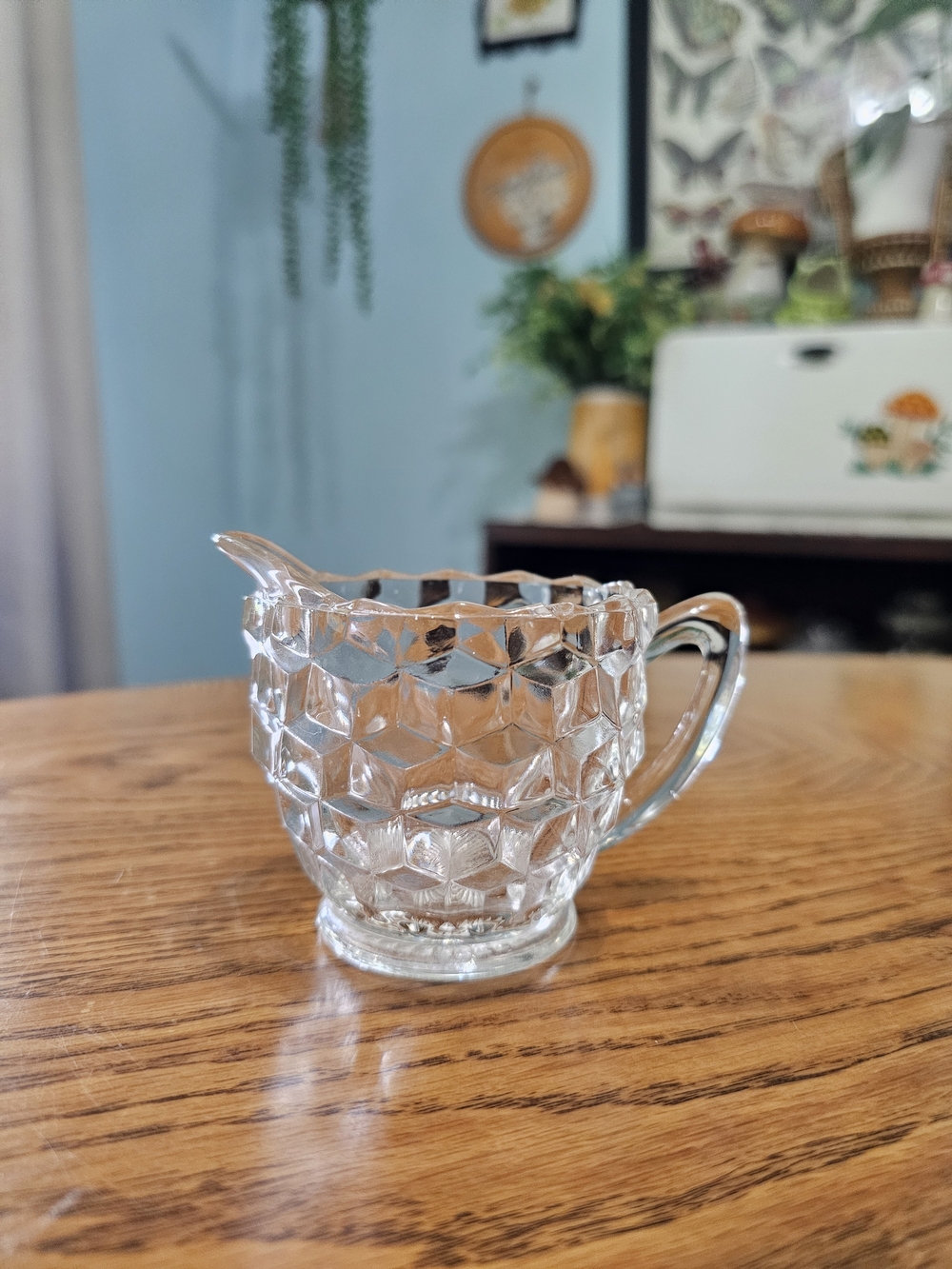 Vintage 30s Jeanette Cubist Clear Creamer Depression Glass Small Pitcher Faceted